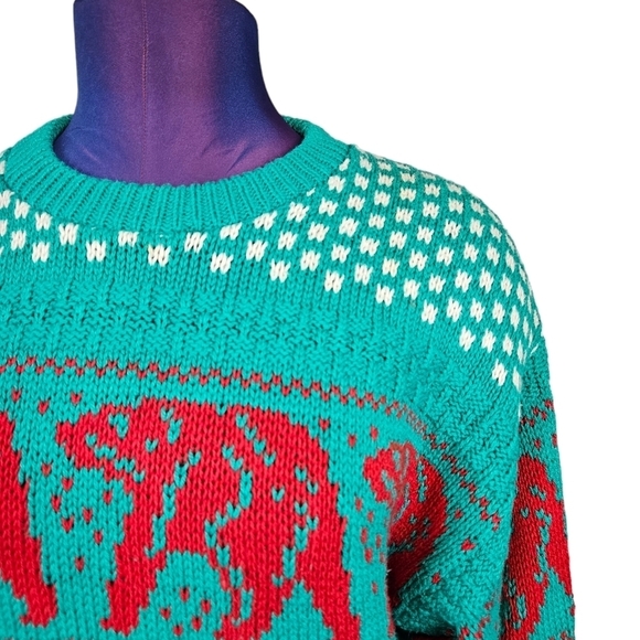 Vintage Lake Harmony Rowing Club Teal Bear Fair Isle Sweater Size Medium Men's - Picture 3 of 10